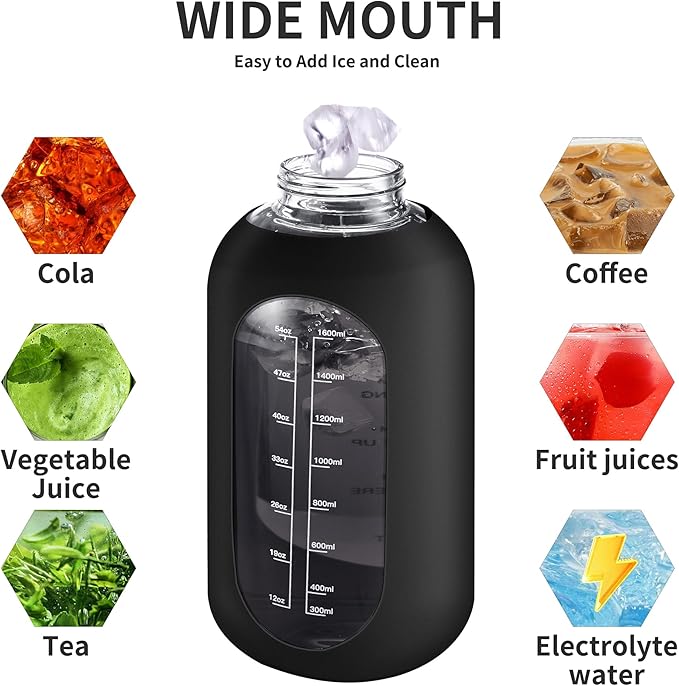 CIVAGO 40 oz Glass Water Bottle with Straw and Handle, Large Sports Motivational Water Bottle Flask with Time Marker and 2 Lids, Leakproof Water Jug Canteen with Silicone Sleeve for Gym, Mauve