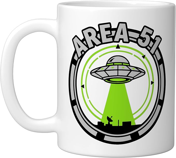Area 51 UFO Alien Conspiracy Flying Saucer Design Ceramic Mug, White