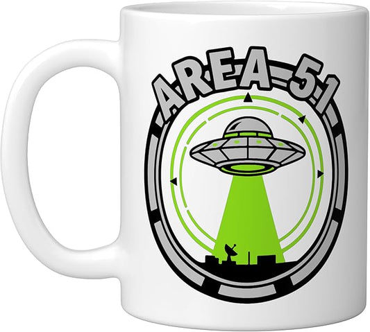 Area 51 UFO Alien Conspiracy Flying Saucer Design Ceramic Mug, White