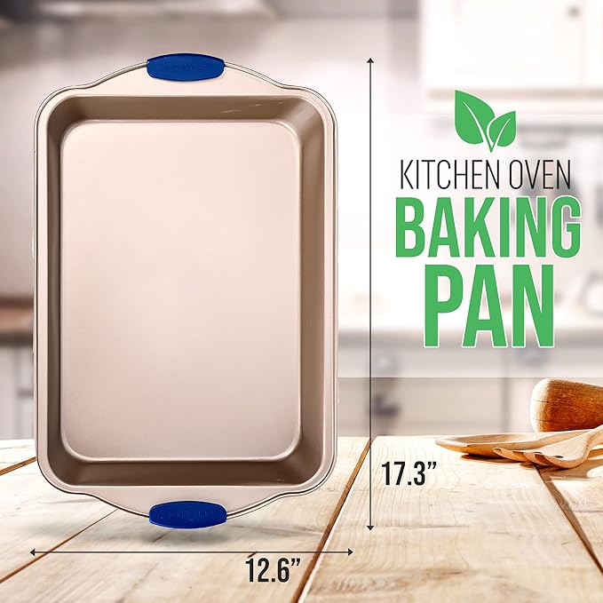 NutriChef 17” x 12" Non-Stick Loaf Baking Pan - Carbon Steel Pan for Cakes, Bread, & Brownies - Blue Silicone Handles, Champagne Gold