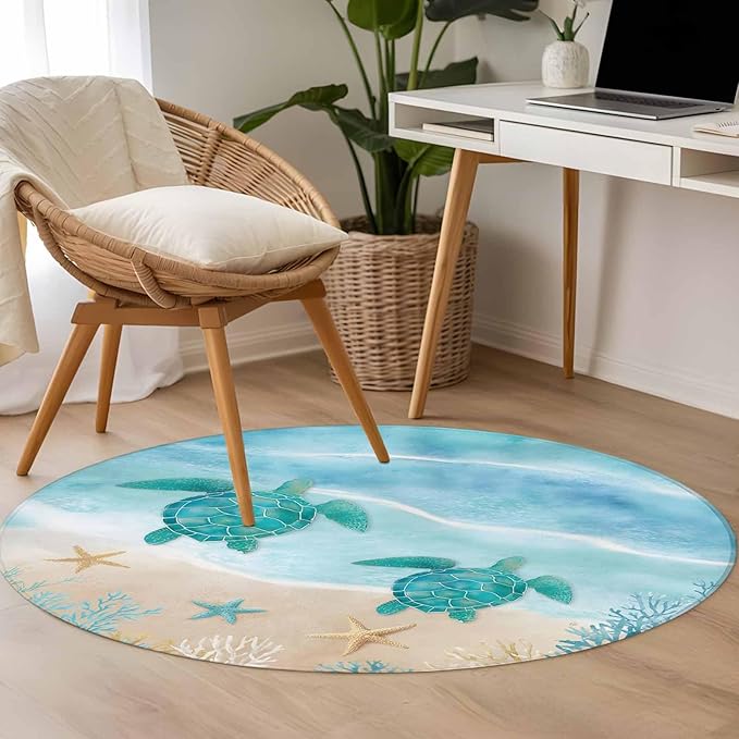 Washable Round Area Rug Sea Turtle Starfish Coral Circle Rugs Floor Carpet for Living Room Bedroom, Summer Seaside Ocean Life Soft Non Slip Round Rug 3ft
