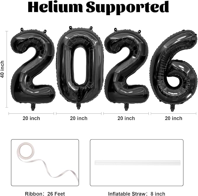 40 Inch 2026 Balloons Black Foil Number Balloons for 2026 New Year Festival Celebration or Birthday Party Supplies Decorations,New Years Balloon 2026, New Years Eve Balloon