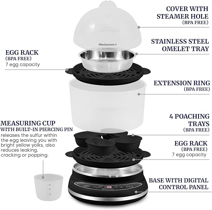 Elite Gourmet EGC314CB Digital Easy Egg Cooker Food Steamer, Poacher, Omelet, Soft, Medium, Hard-Boiled Egg with 6 Programmed Preset Functions, 2-Tiers, Measuring Cup, 14 egg capacity, Black