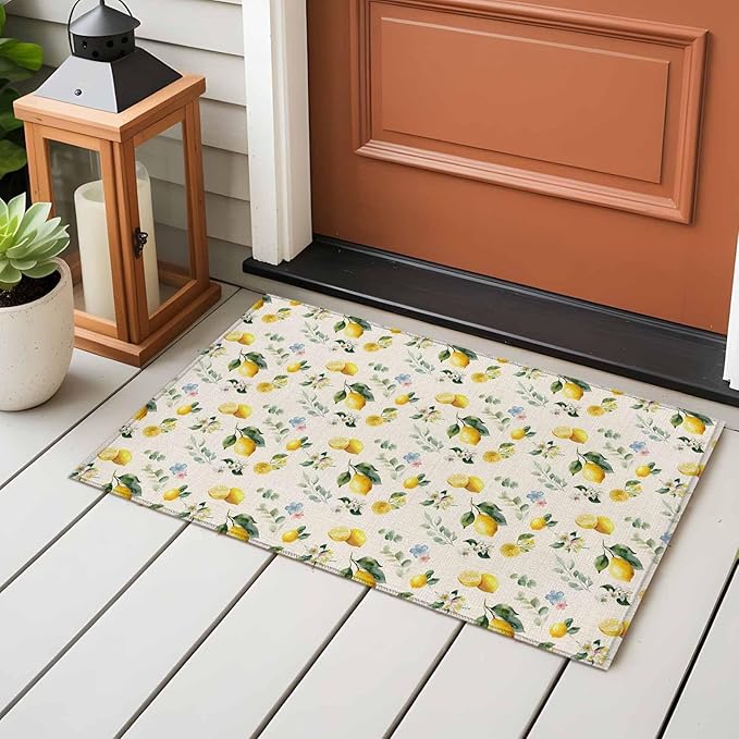 Area Rug 2x3ft, Country Lemon Flower Leaf Washable Rugs for Living Room Bedroom, Pastoral Fruit Plant Vintage Linen Soft Non-Slip Area Rugs Rectangle Floor Carpet for Dining Room