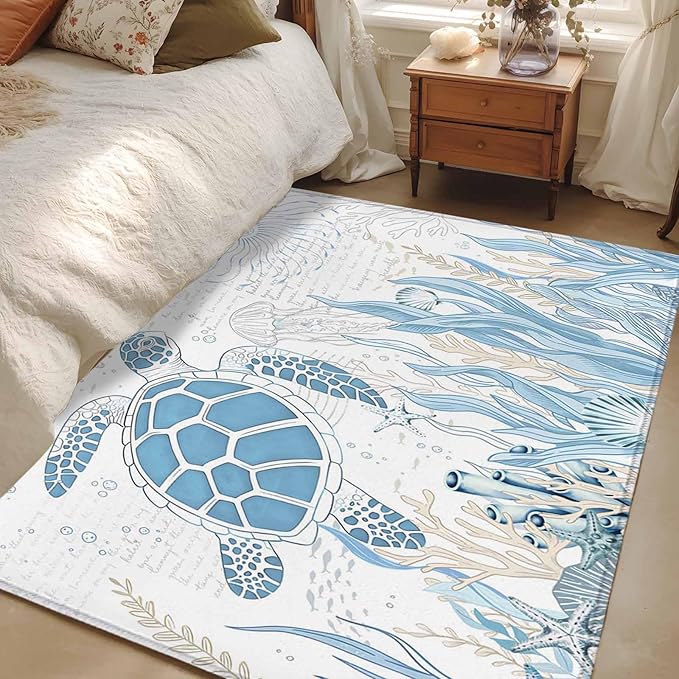Area Rug 3x5ft, Blue Sea Turtles Stars Corals Washable Rugs for Living Room Bedroom, Vintage Marine Life Soft Non-Slip Area Rugs Rectangle Floor Carpet for Dining Room