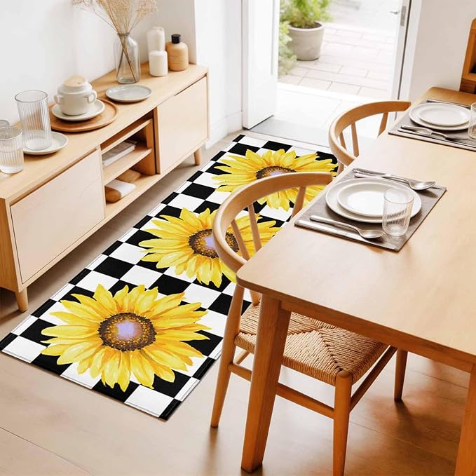 Runner Rug for Bedroom Hallway, Watercolor Sunflower on Checkered Kitchen Runner Rugs Area Rug 2x6ft, Yellow Black White Washable Soft Floor Carpet for Entryway Stair