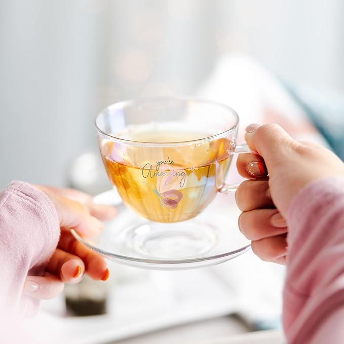 Pavilion Gift Company - You’re Amazing - 7-ounce Glass Teacup with Saucer Set, Iridescent Coffee Cup, Floral Pattern Teacup, Valentine's Day Gift Ideas For Friend, Girlfriend Mug, 1 Count - Pack of 2