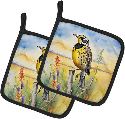 Caroline's Treasures Kansas Western Meadowlark Pair of Pot Holders Kitchen Heat Resistant Pot Holders Sets Oven Hot Pads for Cooking Baking BBQ, 7 1/2 x 7 1/2
