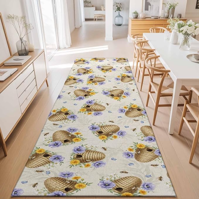 Runner Rug for Bedroom Hallway, Garden Beehives Honeybees Kitchen Runner Rugs Area Rug 2x6ft, Country Purple Floral Washable Soft Floor Carpet for Entryway Stair