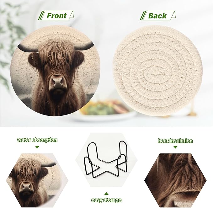 YETTASBIN Highland Cow 6 Pcs Drink Coasters with Holder, Cotton Woven Absorbent Heat-Resistant Round Coaster Non-Slip Table Mat for Kitchen Bar Home Decor Housewarming Gift, 3.9 in