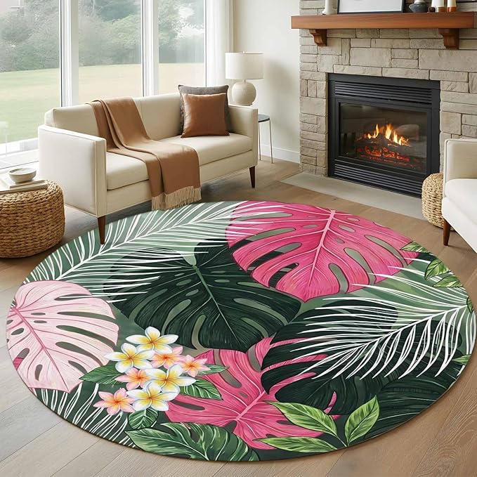 Washable Round Area Rug Summer Watercolor Pink Green Leaf Circle Rugs Floor Carpet for Living Room Bedroom, Tropical Flower Leaves Plant Soft Non Slip Round Rug 5ft