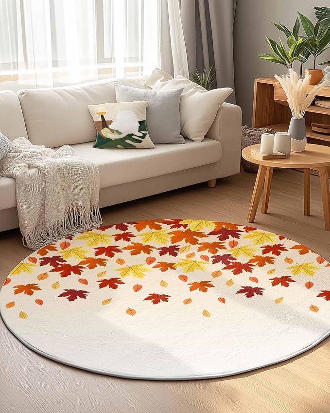 Round Area Rug,Fall Orange Maple Leaf Watercolor Circle Living Room Rug Non-Slip Rugs Indoor Carpet,Thanksgiving Fallen Leaves Seamless Soft Comfort Rugs for Bedroom KidsRoom Nursery