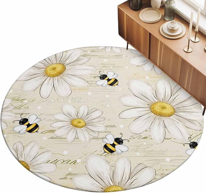 Washable Round Area Rug Retro Watercolor White Floral Bee Circle Rugs Floor Carpet for Living Room Bedroom, Summer Daisy Letter Texture Soft Non Slip Round Rug 3ft