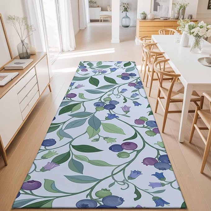 Runner Rug for Bedroom Hallway, Blueberries Bell Flowers Kitchen Runner Rugs Area Rug 2x6ft, Modern Watercolor Plants Washable Soft Floor Carpet for Entryway Stair