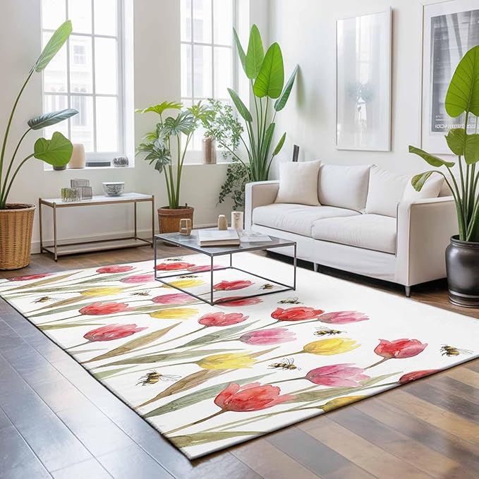 Area Rug 4x6ft, Red Pink Yellow Tulips Bees Washable Rugs for Living Room Bedroom, Watercolor Flower Leaves Soft Non-Slip Area Rugs Rectangle Floor Carpet for Dining Room