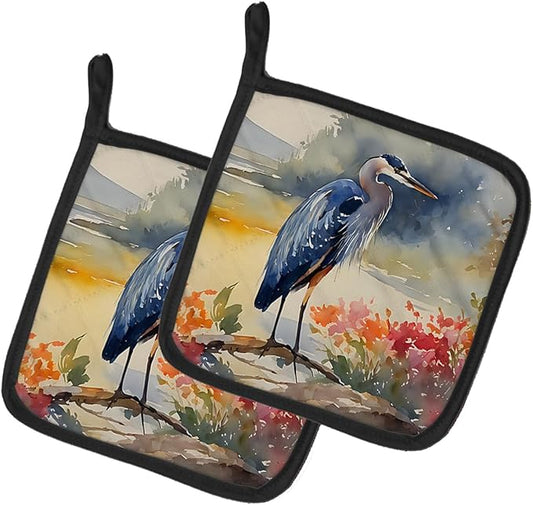 Caroline's Treasures Blue Heron Pair of Pot Holders Kitchen Heat Resistant Pot Holders Sets Oven Hot Pads for Cooking Baking BBQ, 7 1/2 x 7 1/2