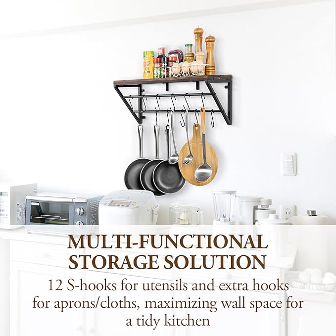 MyGift Urban Industrial Burnt Solid Wood Kitchen Floating Shelf with Black Metal Brackets for Pots and Pans with 12 S-Hooks Utensil Hanger, Wall Mounted Storage Display Shelving