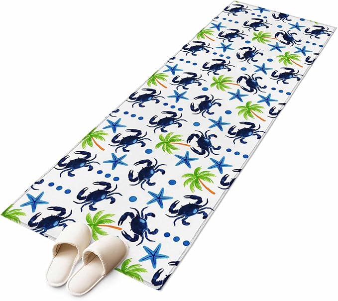 Runner Rug for Bedroom Hallway, Abstract Blue Crab Starfish Kitchen Runner Rugs Area Rug 2x6ft, Watercolor Palm Tree Washable Soft Floor Carpet for Entryway Stair