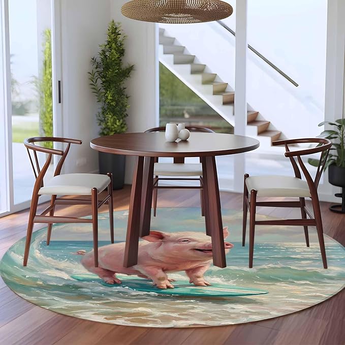 Washable Round Area Rug Surfing Farm Pink Pig Circle Rugs Floor Carpet for Living Room Bedroom, Summer Blue Sea Wave Beach Soft Non Slip Round Rug 5ft