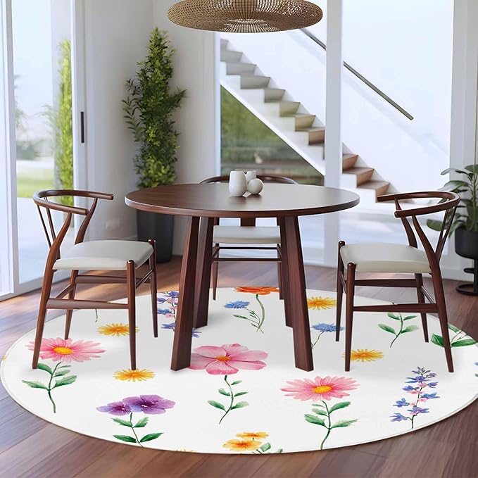Washable Round Area Rug Watercolor Farmhouse Flower Circle Rugs Floor Carpet for Living Room Bedroom, Yellow Pink Purple Blue Floral Soft Non Slip Round Rug 5ft