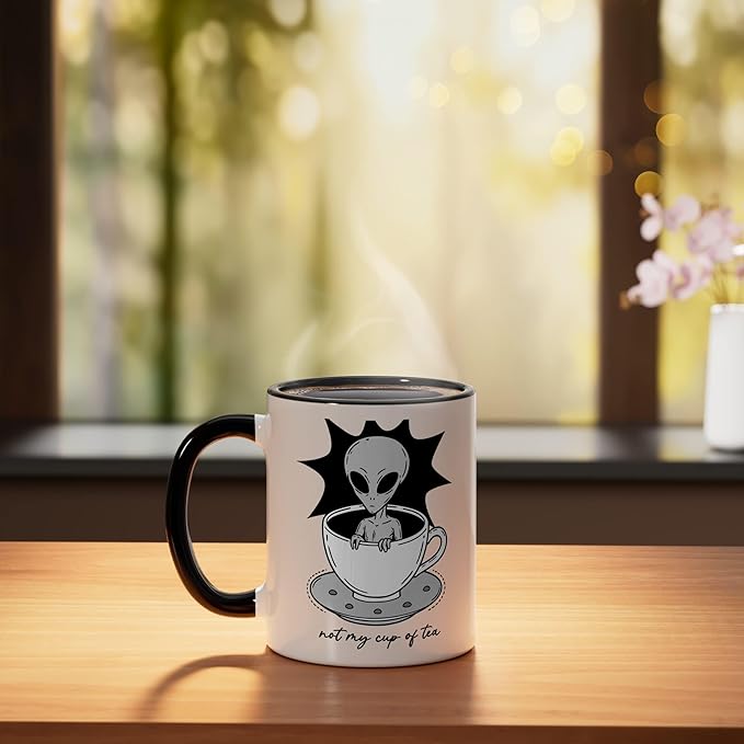 Funny Not My Cup Of Tea Alien Graphic Tee Ceramic Mug, Black/White