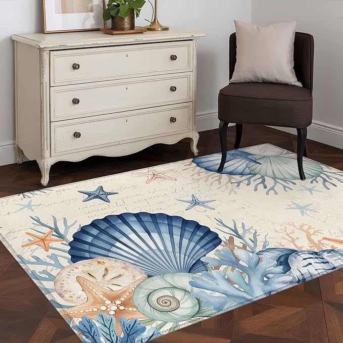 Area Rug 3x5ft, Summer Blue Shells Starfish Washable Rugs for Living Room Bedroom, Vintage Coral Shells Fish Soft Non-Slip Area Rugs Rectangle Floor Carpet for Dining Room
