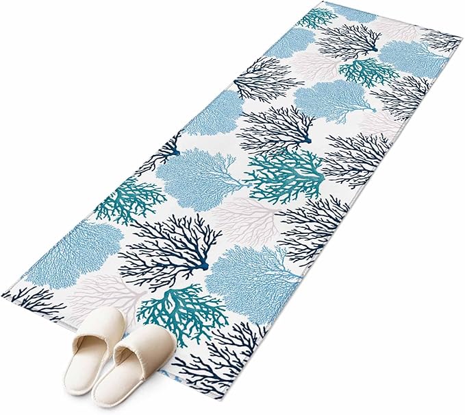 Runner Rug for Bedroom Hallway, Classic Sea Blue Coral Kitchen Runner Rugs Area Rug 2x6ft, Abstract Marine Life Scenery Washable Soft Floor Carpet for Entryway Stair