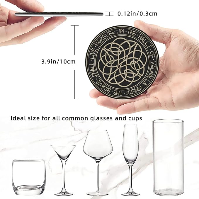 Black Viking Magical Runic Runes Leather Drinks Coasters with Holder, Set of 6, Suitable for Various Cups