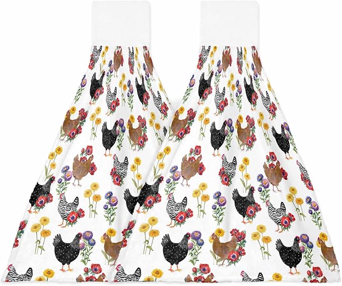 Alandar Home Kitchen Tie Towel Set of 2, Farmhouse Chicken Colorful Poppy Absorbent Soft Hand Towels for Bathroom Hanging Towels, Spring Floral Leaves Fast Drying Cleaning Cloth with Loop