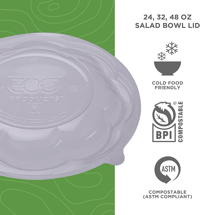 Eco-Products Compostable 24-48oz Salad Bowl Lids, Case of 300, Fits 24-48oz Round To Go Containers, Renewable PLA Material Made from Plants, Cold Foods, Clear, ASTM Compliant, BPI-Certified
