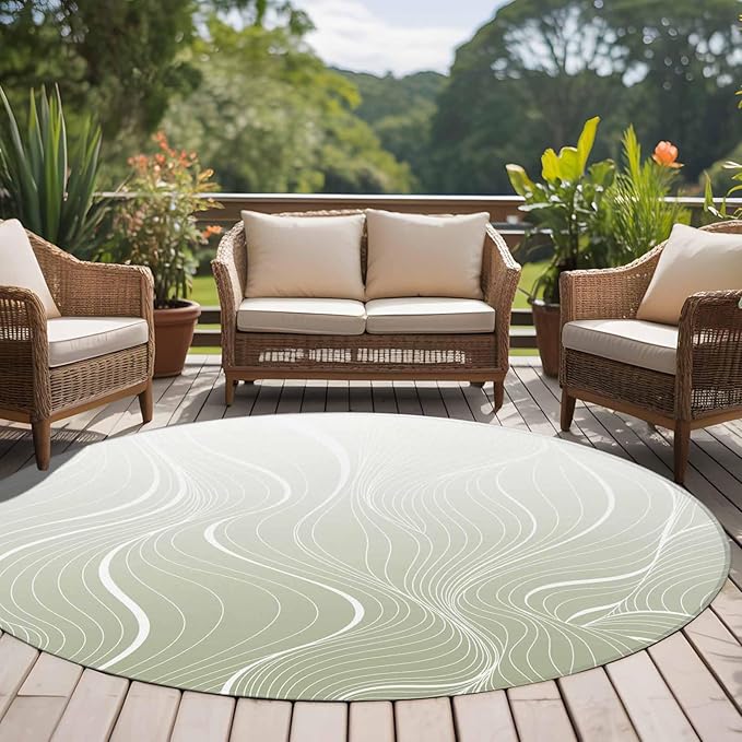 Washable Round Area Rug Sage Green Wavy Gradient Stripes Circle Rugs Floor Carpet for Living Room Bedroom, Geometric Abstract Art Soft Non Slip Round Rug 5ft