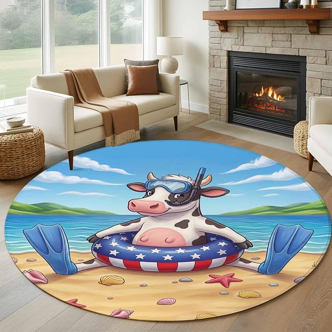 Washable Round Area Rug Summer Beach Snorkeling Cow Circle Rugs Floor Carpet for Living Room Bedroom, Ocean Starfish Funny Animal Art Soft Non Slip Round Rug 5ft