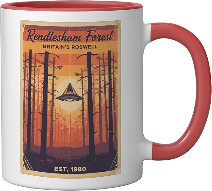 Rendlesham Forest UFO Alien Vintage UK Flying Saucer Ceramic Mug, Red/White