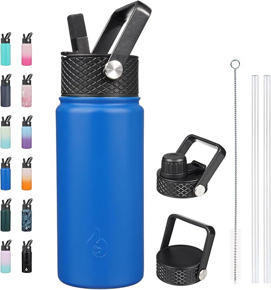 BJPKPK Insulated Water Bottles with Straw Lid, 18oz Stainless Steel Metal Water Bottle, Cold Hot Thermo with 3 Lids, Leak Proof BPA Free Travel Cup, Wide Mouth Flasks, Thermo -Sapphire