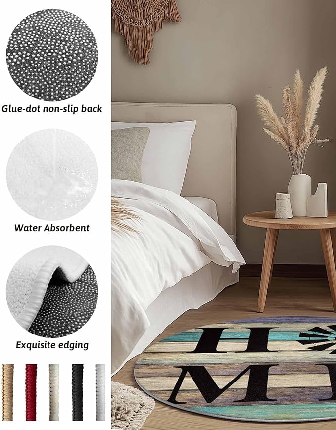 Round Area Rug,Farm Home Windmill Circle Living Room Rug Non-Slip Rugs Indoor Carpet,Farmhouse Vintage Wood Board Soft Comfort Rugs for Bedroom KidsRoom Nursery
