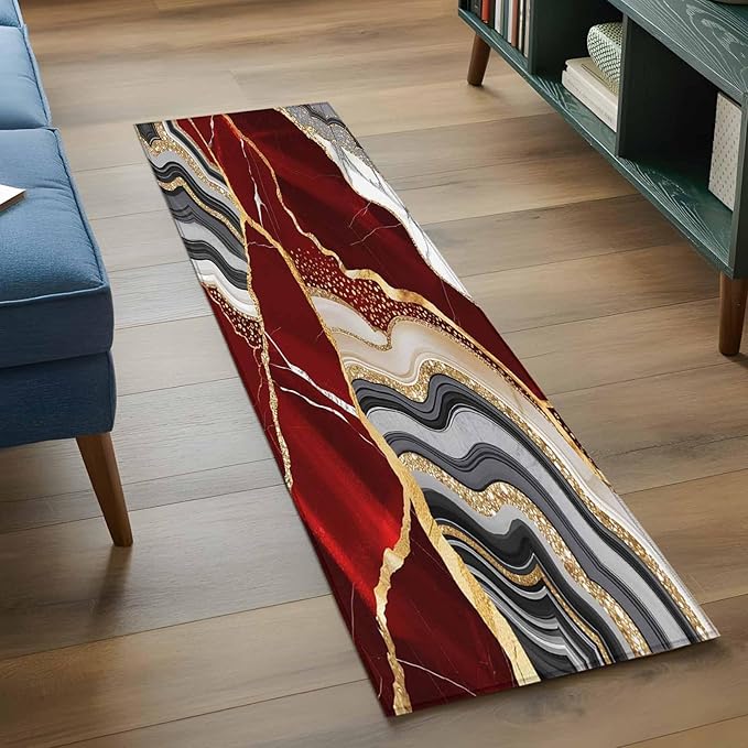 Runner Rug for Bedroom Hallway, Abstract Flowing Marble Fluid Art Kitchen Runner Rugs Area Rug 2x6ft, Red and Gold Lines Washable Soft Floor Carpet for Entryway Stair