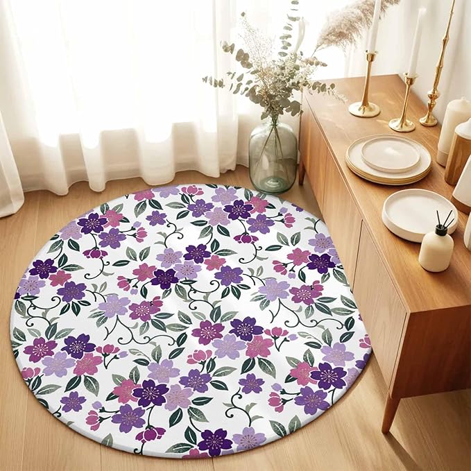 Washable Round Area Rug Country Purple Pink Flower Green Leaf Circle Rugs Floor Carpet for Living Room Bedroom, Pastoral Floral Plant Soft Non Slip Round Rug 5ft