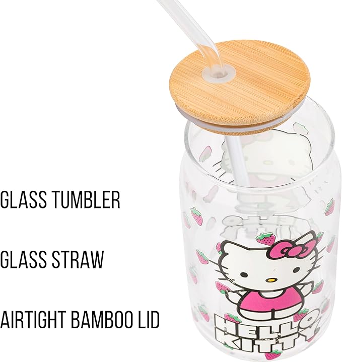 Silver Buffalo Sanrio Hello Kitty Strawberry Glass Jar Tumbler with Bamboo Lid and Glass Straw,16 Ounces,(Pack of 12)