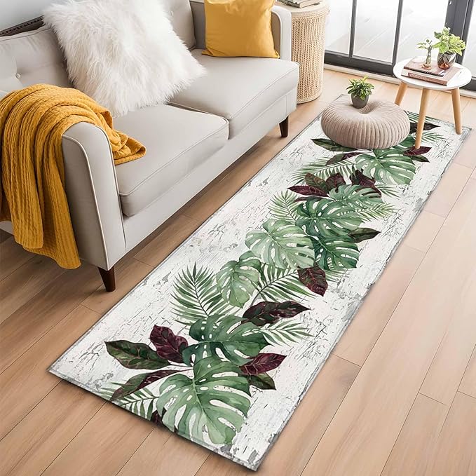 Runner Rug for Bedroom Hallway, Summer Green Monstera Palm Leaves Kitchen Runner Rugs Area Rug 2x6ft, Vintage Botantical Washable Soft Floor Carpet for Entryway Stair