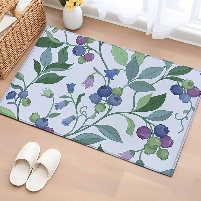 Area Rug 2x3ft, Blueberries Bell Flowers Washable Rugs for Living Room Bedroom, Modern Watercolor Plants Soft Non-Slip Area Rugs Rectangle Floor Carpet for Dining Room