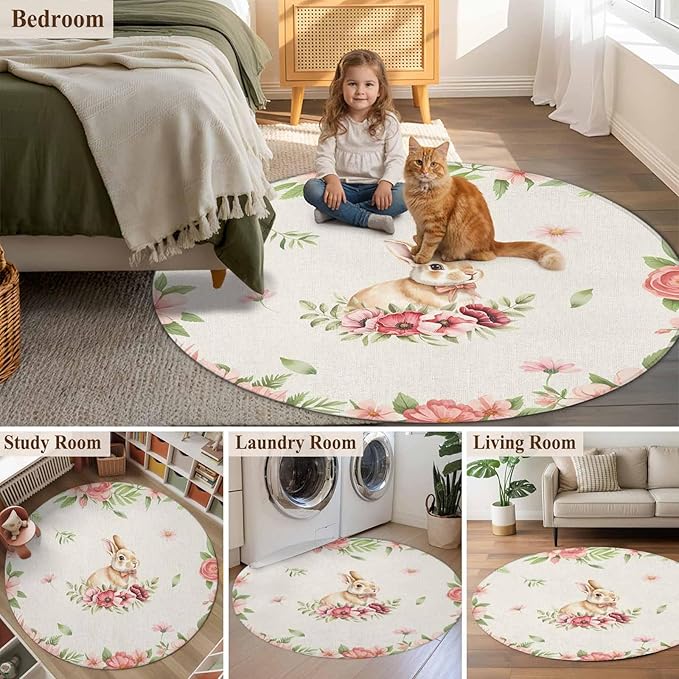Washable Round Area Rug Retro Easter Rabbit on Linen Circle Rugs Floor Carpet for Living Room Bedroom, Spring Pastoral Pink Flower Leaf Soft Non Slip Round Rug 5ft