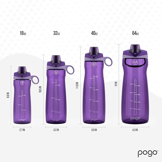 Pogo Plastic Water Bottle with Chug Lid and Carry Handle, Reusable, BPA Free, Dishwasher Safe, Perfect for Travel, School, Outdoors, and Gym | 18oz, 32oz, 40oz, 64oz