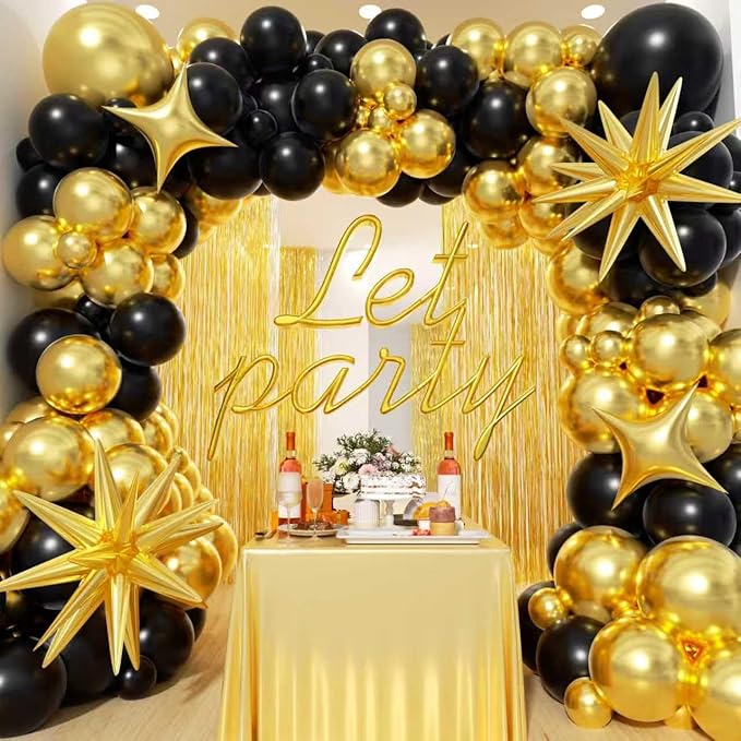 Black and Gold Balloons Garland Arch Kit - Different Size Balloons Gold Fringe Curtain Backdrop for Graduation Birthday Anniversary New Years Theme Party Decorations