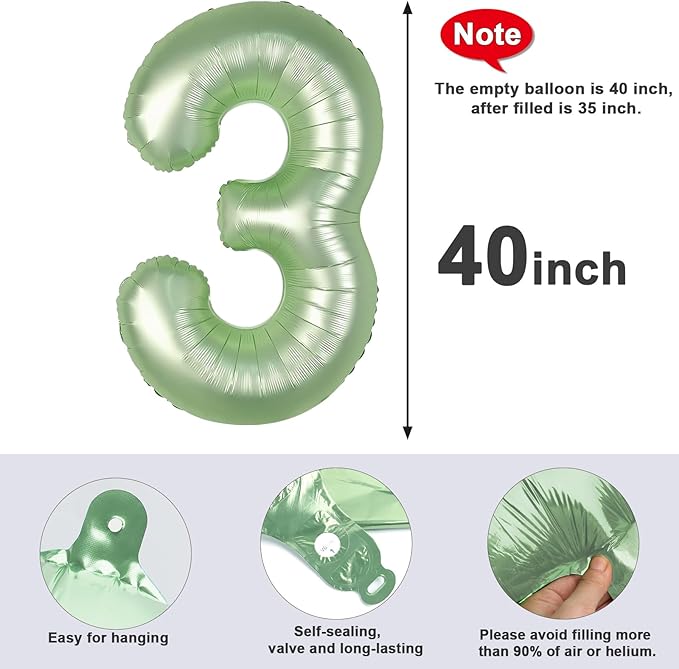 Number 3 Balloons 40 Inch for Green Party Decorations, Large Olive Green Number Balloon for Three Year Old Birthday Decor, 3rd 13 30 31 Birthday Party Supplier