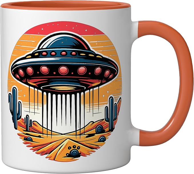Retro UFO Desert Abduction Scene | Vintage Sci-Fi Ceramic Mug, Orange/White