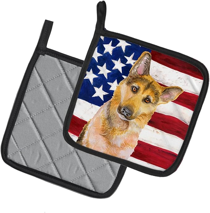 Caroline's Treasures BB9711PTHD German Shepherd #2 Patriotic Pair of Pot Holders Kitchen Heat Resistant Pot Holders Sets Oven Hot Pads for Cooking Baking BBQ, 7 1/2 x 7 1/2