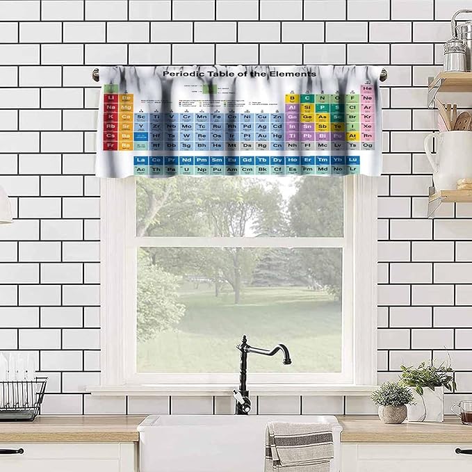 Periodic Table Valance, Modern Science Educational Learning Knowledge Short Window Drapes for Studernts Kids Teatcher School Classroom Bedroom Kitchen, 54x18Inch