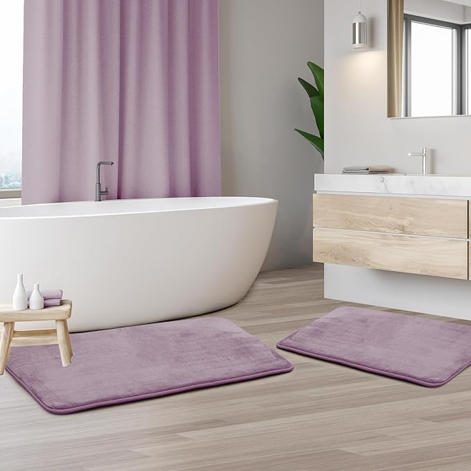 Clara Clark 2 Piece Bathroom Rug Set - Memory Foam, Bath Mat Set, Plush, Cozy, Ultra Soft, Non Slip, Machine Washable, Quick Dry - 24” x 17”+ 32” x 20” - Dusty Purple