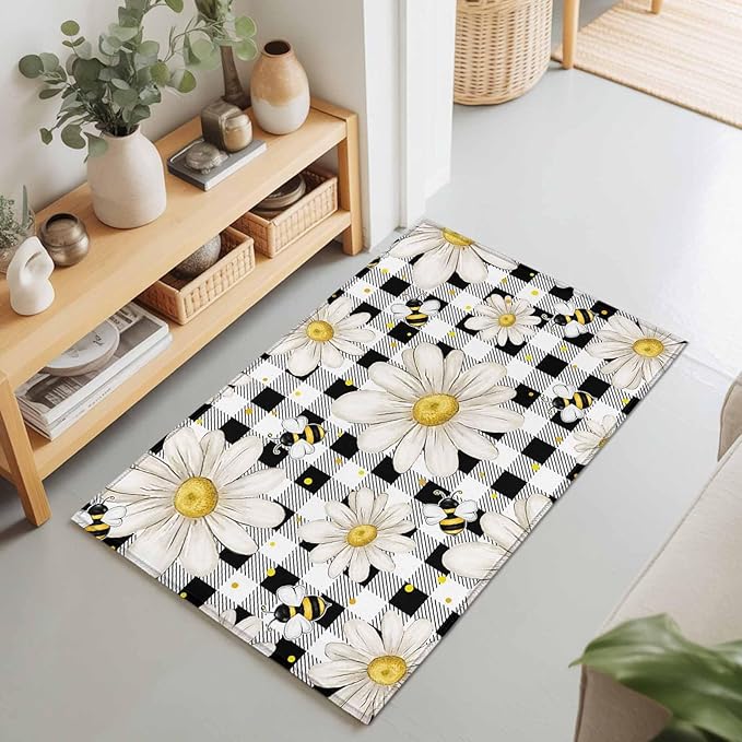 Area Rug 2x3ft, Farmhouse Blossom Flower Bee Washable Rugs for Living Room Bedroom, Spring Daisy Black White Plaid Soft Non-Slip Area Rugs Rectangle Floor Carpet for Dining Room