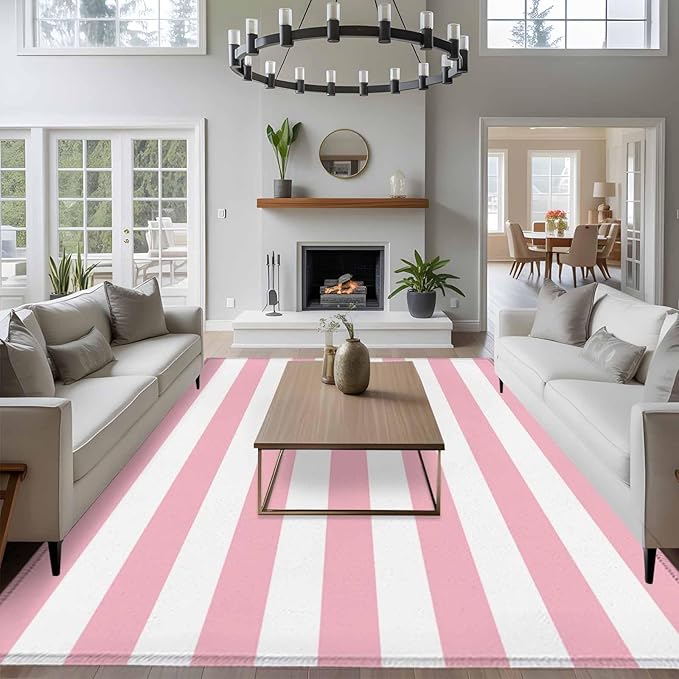 Area Rug 6x9ft, Pink White Stripe Washable Rugs for Living Room Bedroom, Classic Geometric Line Soft Non-Slip Area Rugs Rectangle Floor Carpet for Dining Room